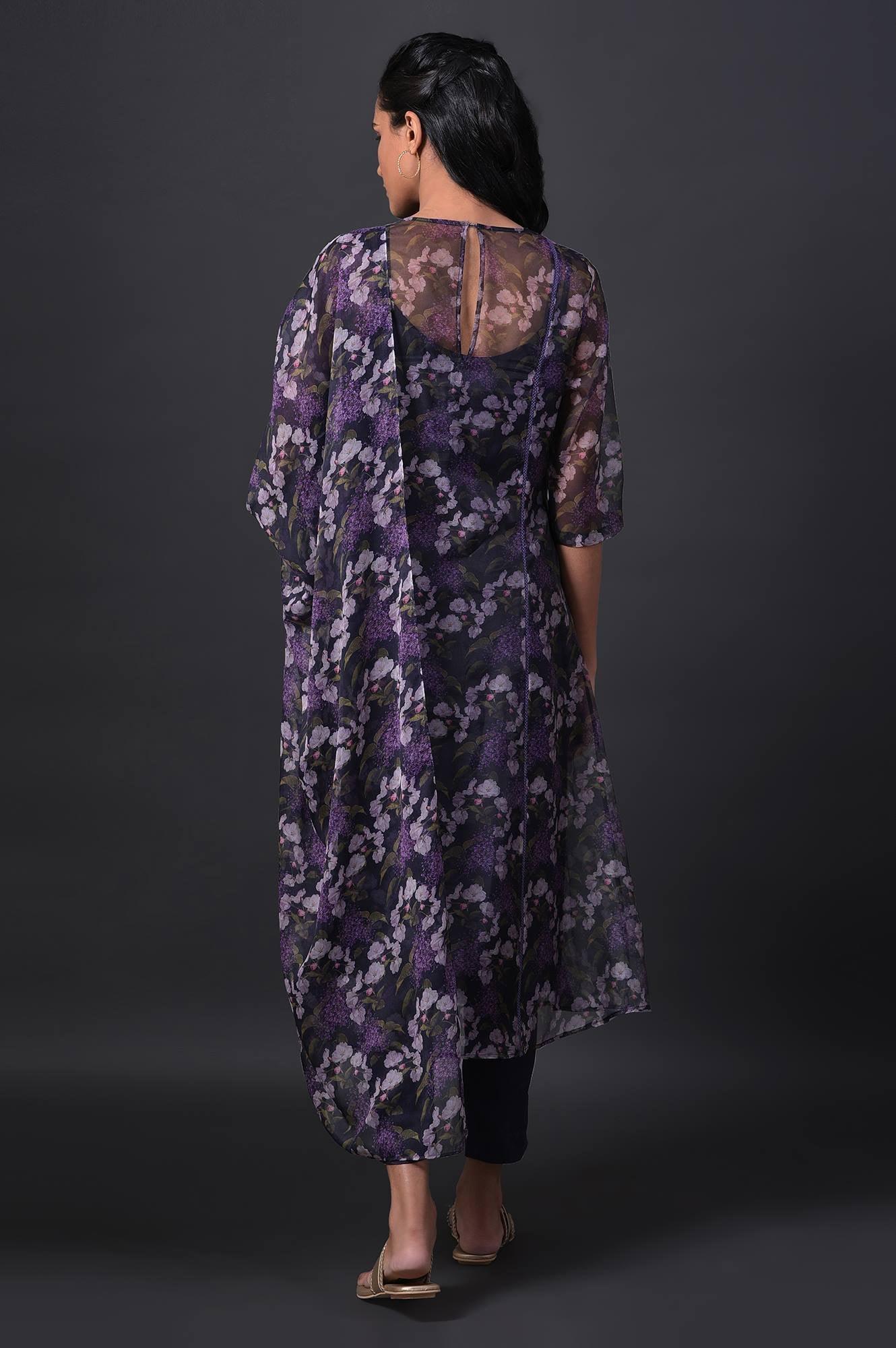 Purple Floral Printed kurta With Solid Slip, Slim Pants And Dupatta - wforwoman