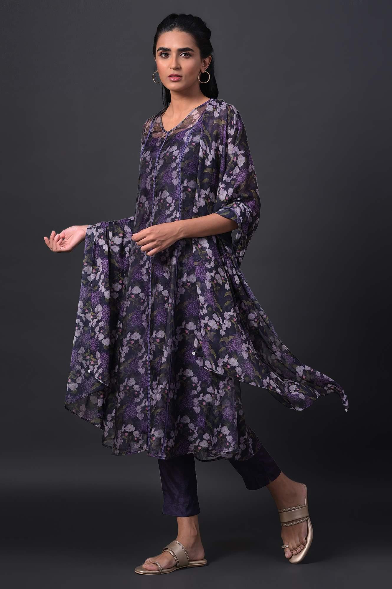 Purple Floral Printed kurta With Solid Slip, Slim Pants And Dupatta - wforwoman