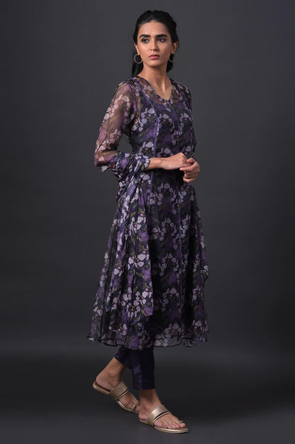 Purple Floral Printed kurta With Solid Slip, Slim Pants And Dupatta - wforwoman