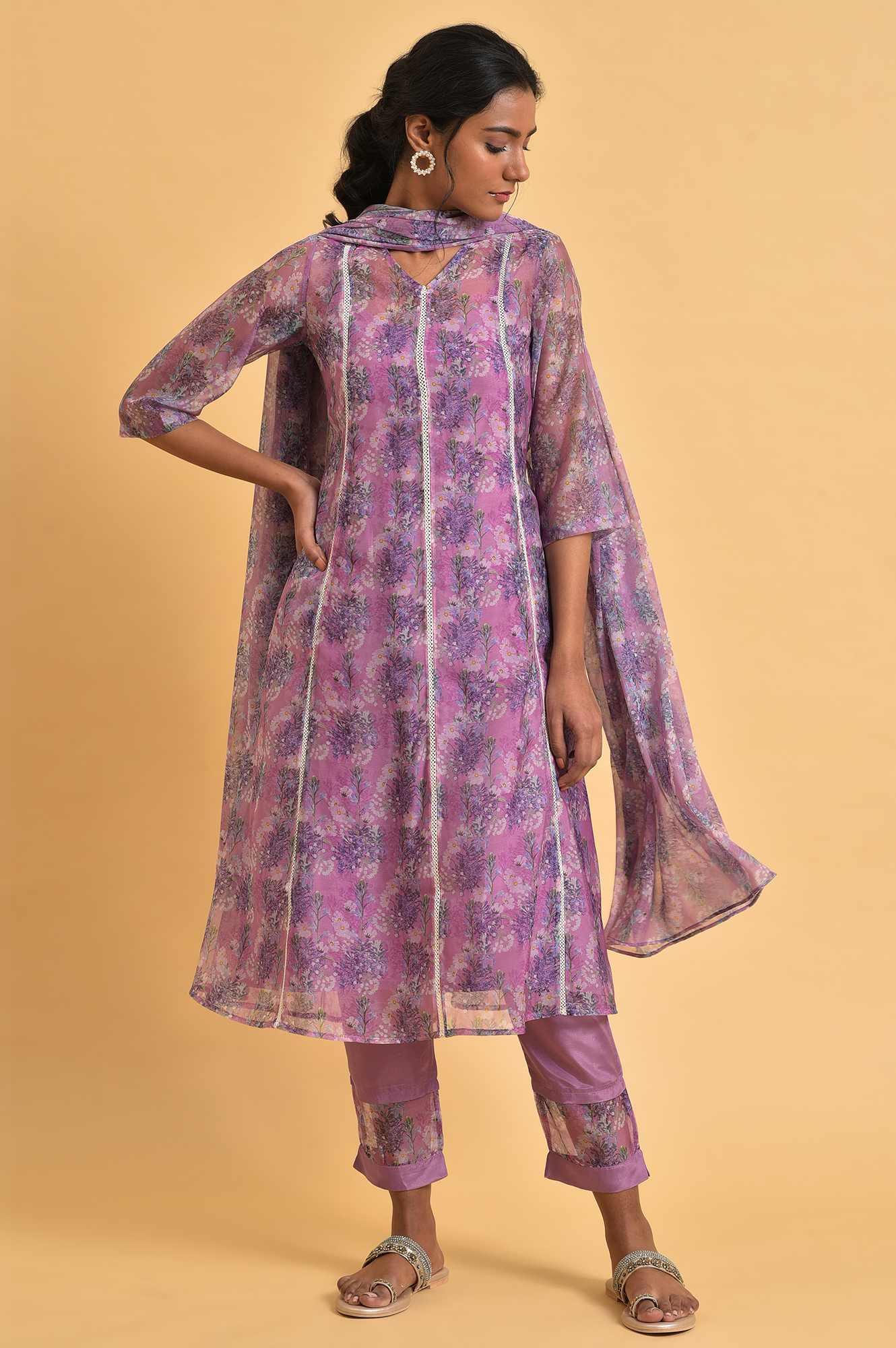 Light Pink Floral Printed kurta Set - wforwoman