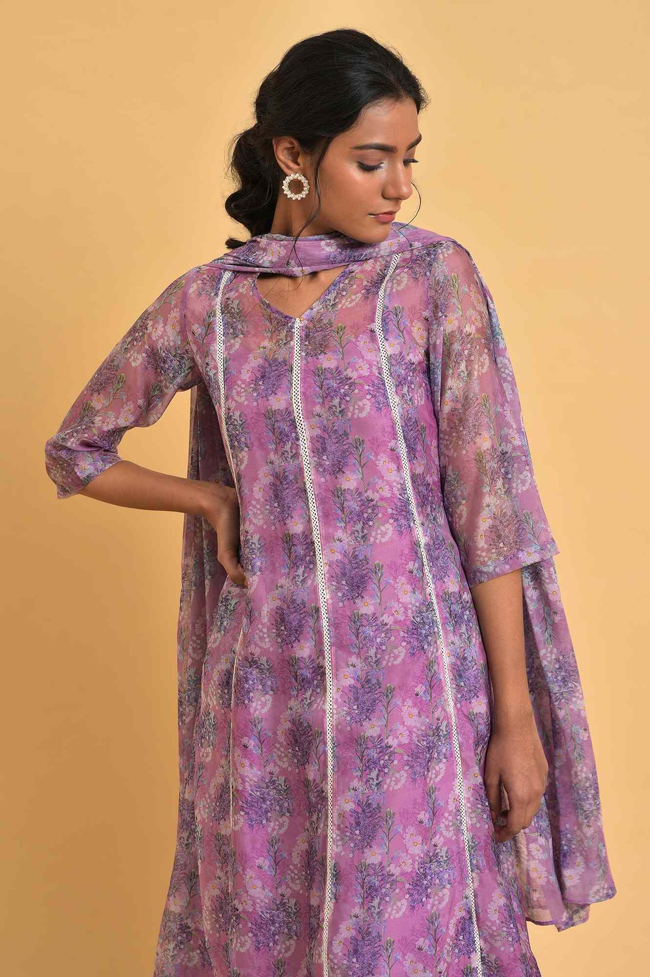 Light Pink Floral Printed kurta Set - wforwoman