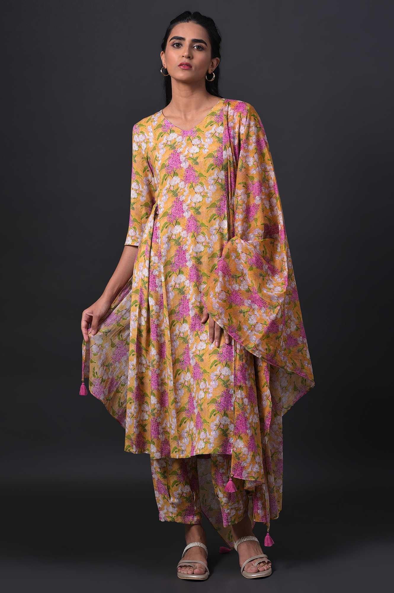 Yellow Floral Print kurta With Straight Pants And Dupatta - wforwoman