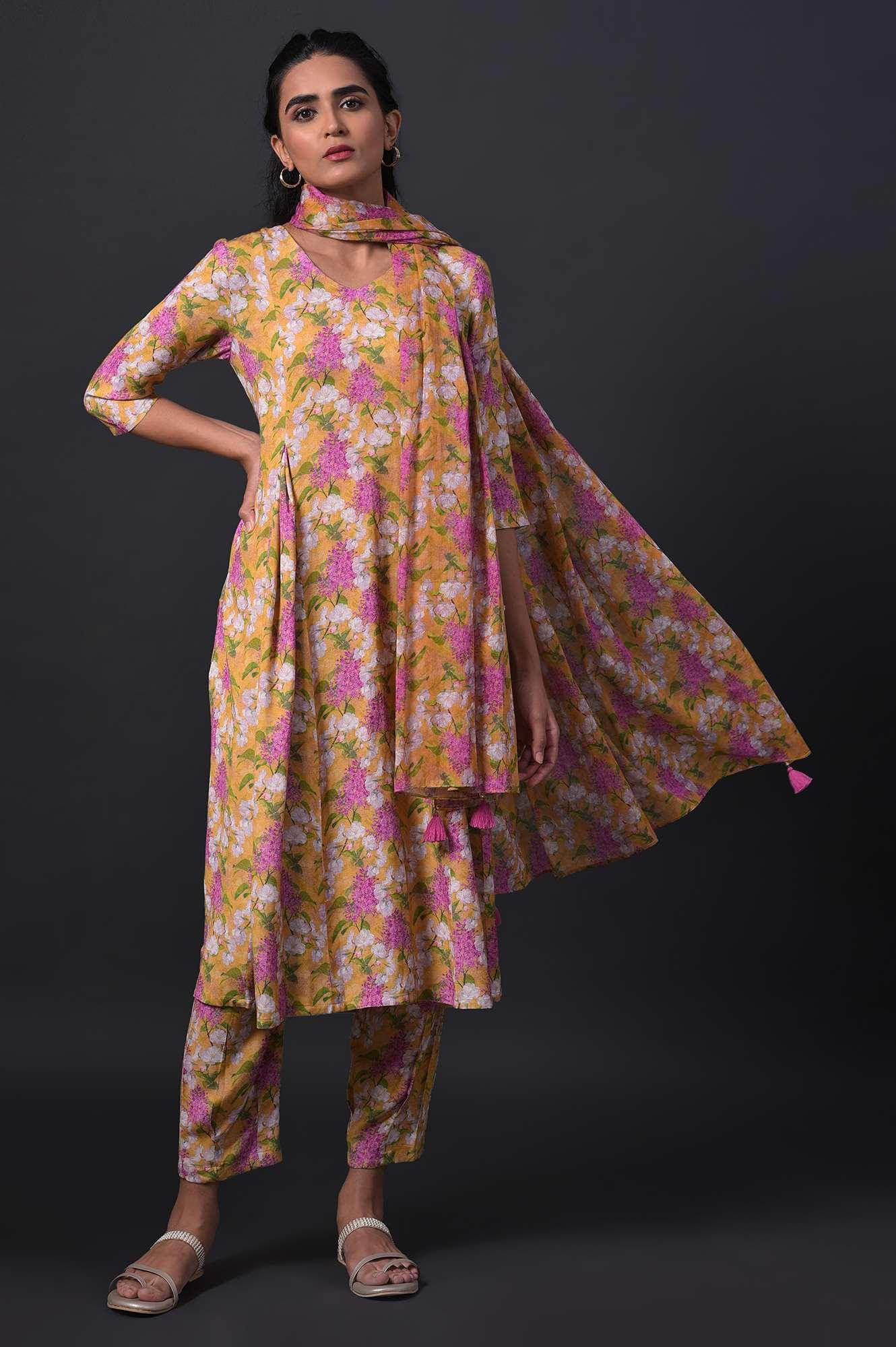 Yellow Floral Print kurta With Straight Pants And Dupatta - wforwoman