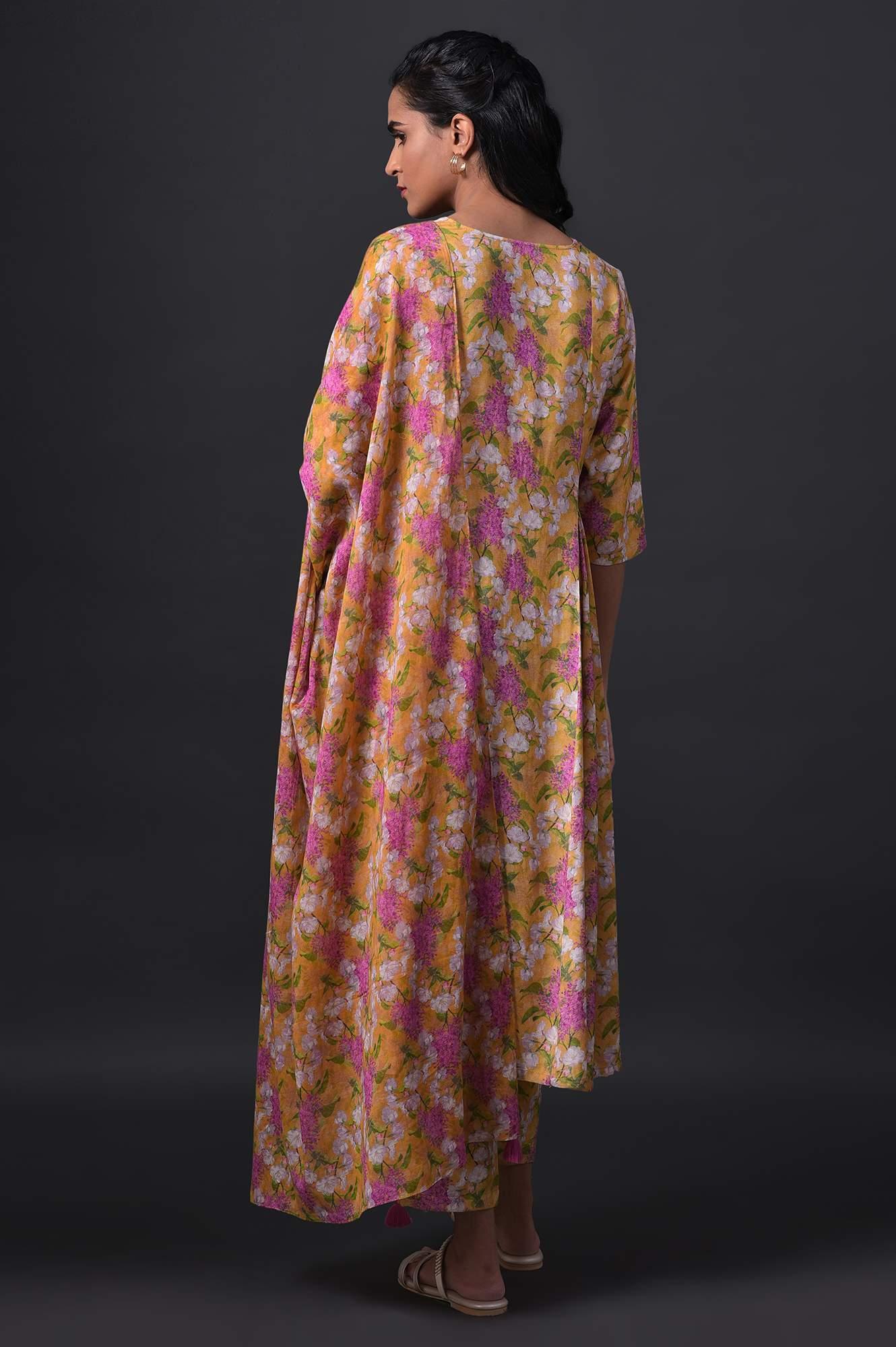 Yellow Floral Print kurta With Straight Pants And Dupatta - wforwoman