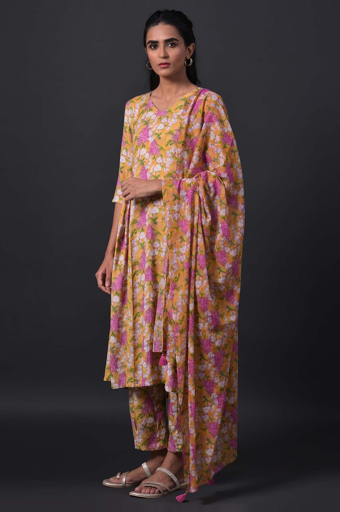 Yellow Floral Print kurta With Straight Pants And Dupatta - wforwoman