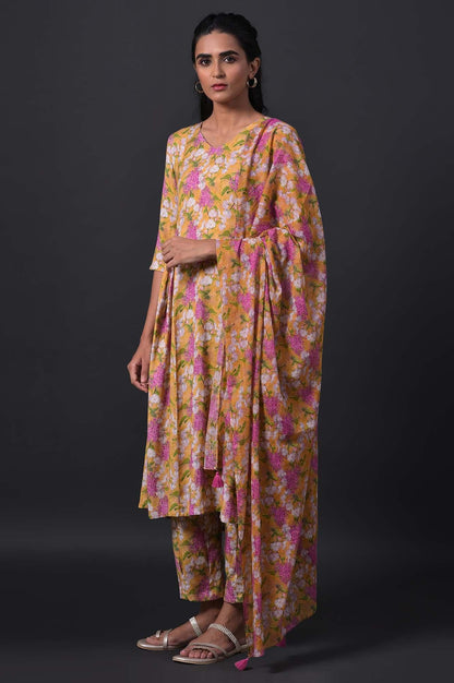 Yellow Floral Print kurta With Straight Pants And Dupatta - wforwoman