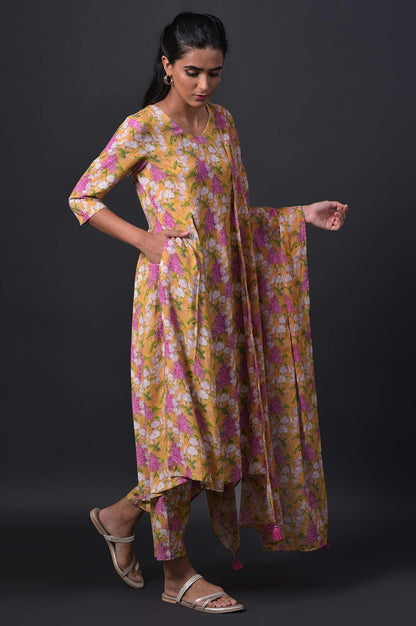 Yellow Floral Print kurta With Straight Pants And Dupatta - wforwoman