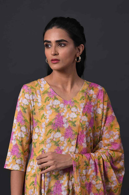 Yellow Floral Print kurta With Straight Pants And Dupatta - wforwoman