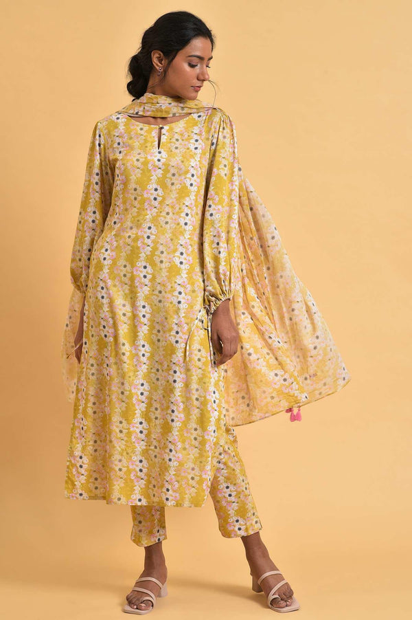 Yellow Floral Print-On-Print kurta Set