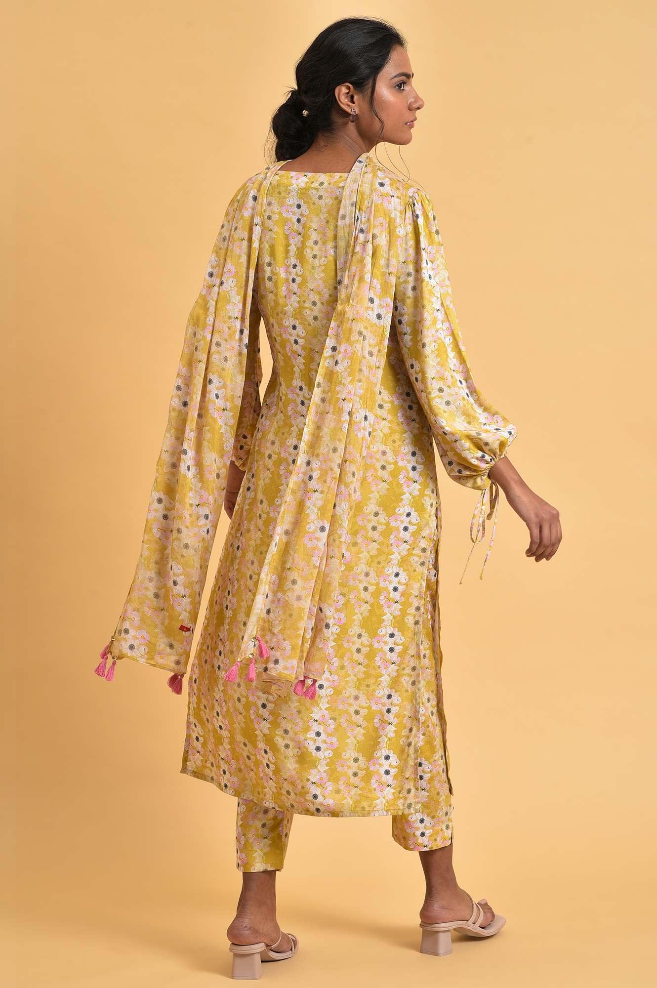Yellow Floral Print-On-Print kurta Set - wforwoman