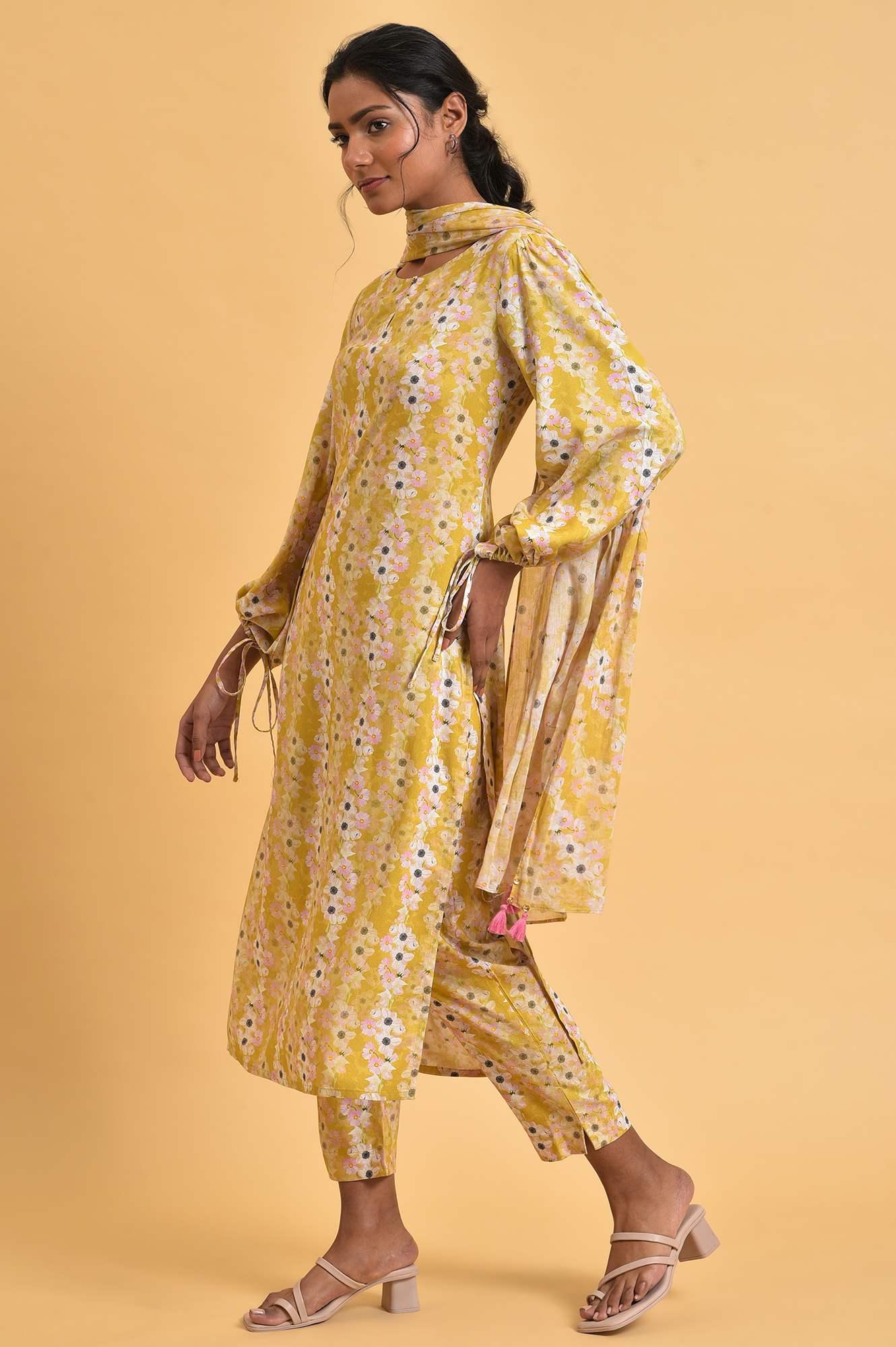 Yellow Floral Print-On-Print kurta Set - wforwoman
