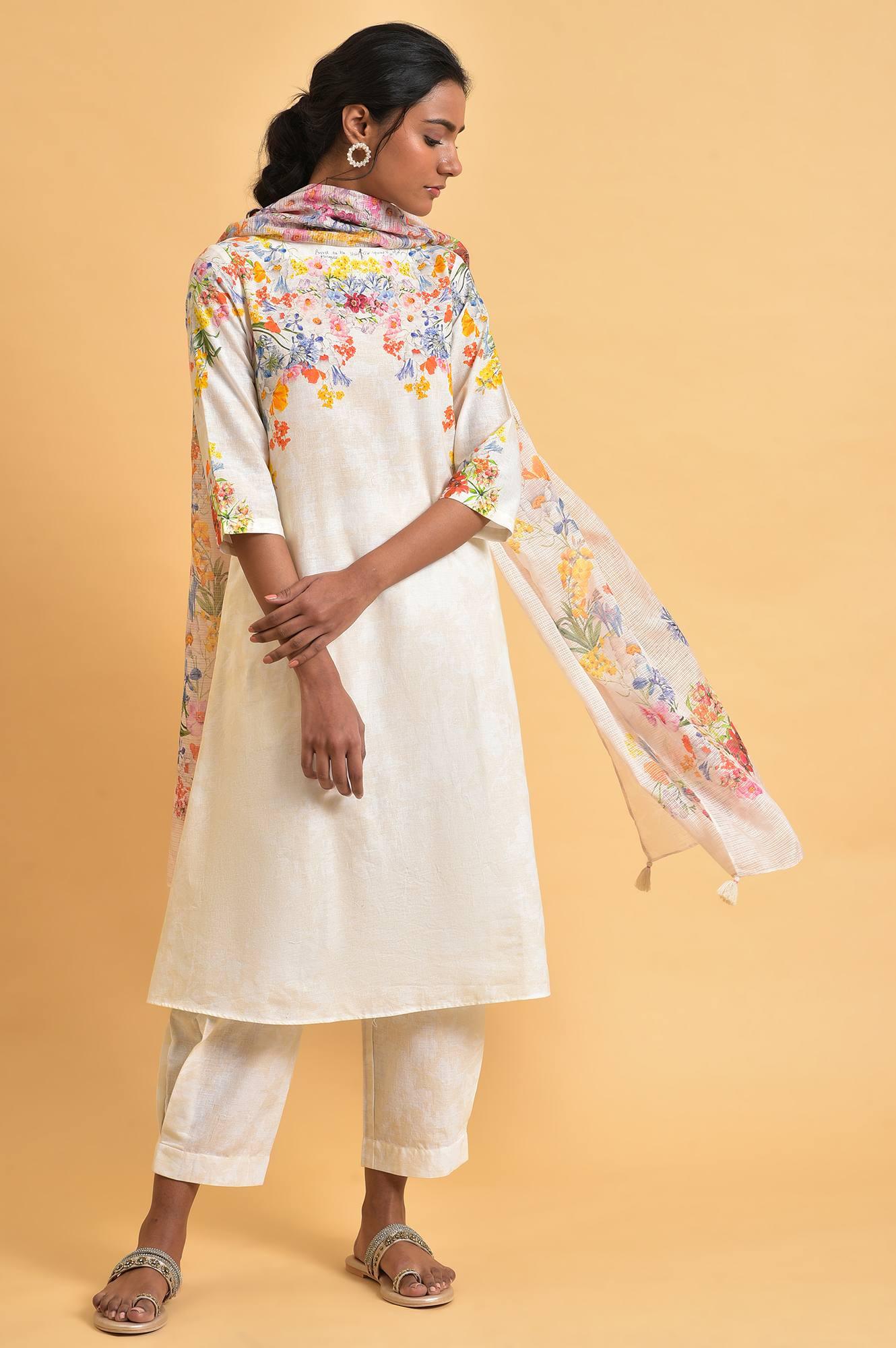 Ecru Floral Print Summer kurta Set - wforwoman