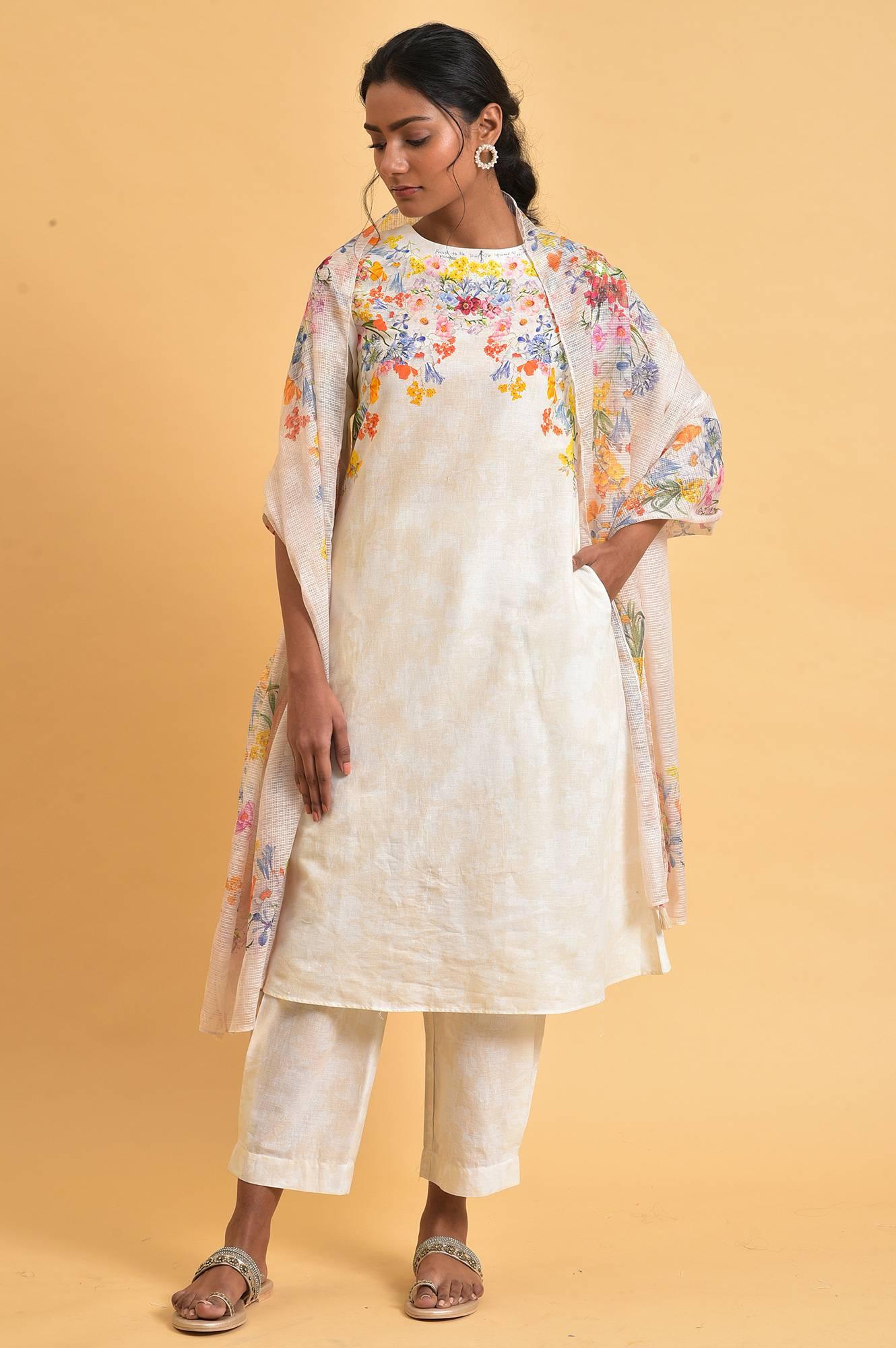 Ecru Floral Print Summer kurta Set - wforwoman