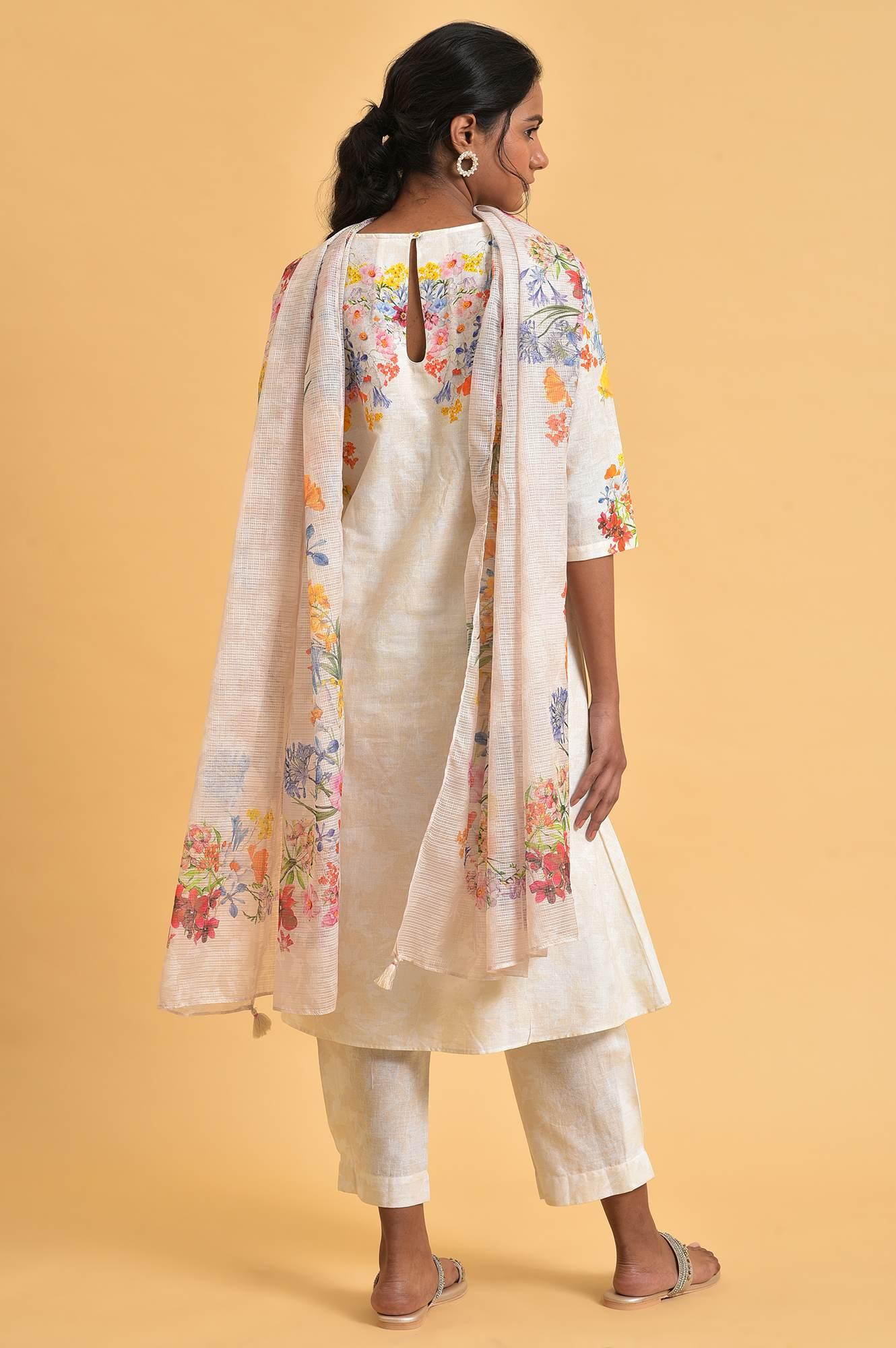 Ecru Floral Print Summer kurta Set - wforwoman