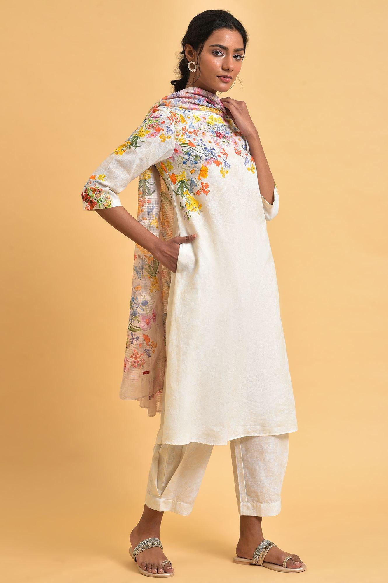 Ecru Floral Print Summer kurta Set - wforwoman