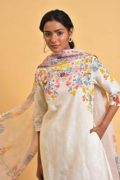 Ecru Floral Print Summer kurta Set - wforwoman