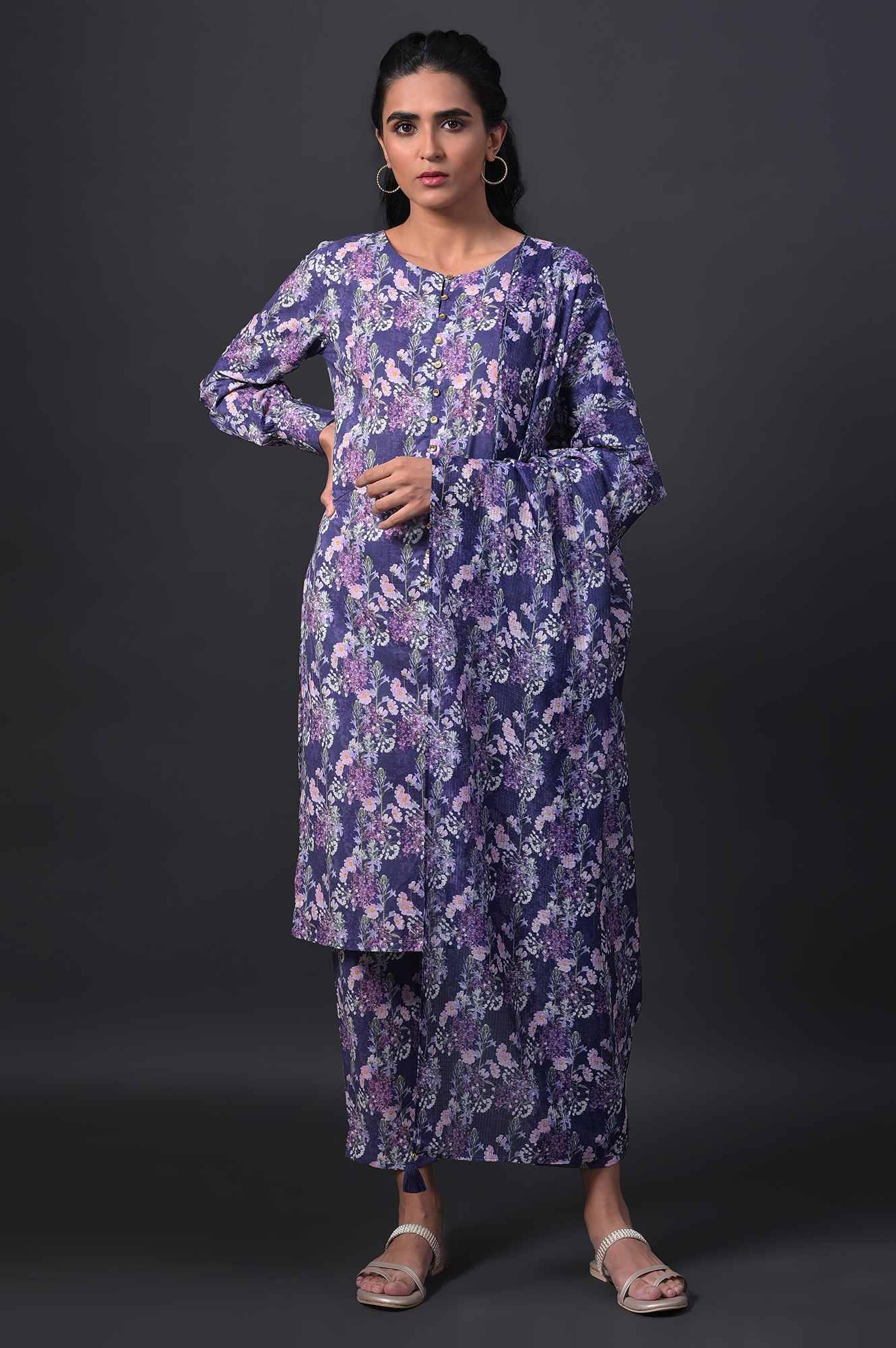 Blue Floral Printed kurta With Slim Pants And Kota Dupatta - wforwoman