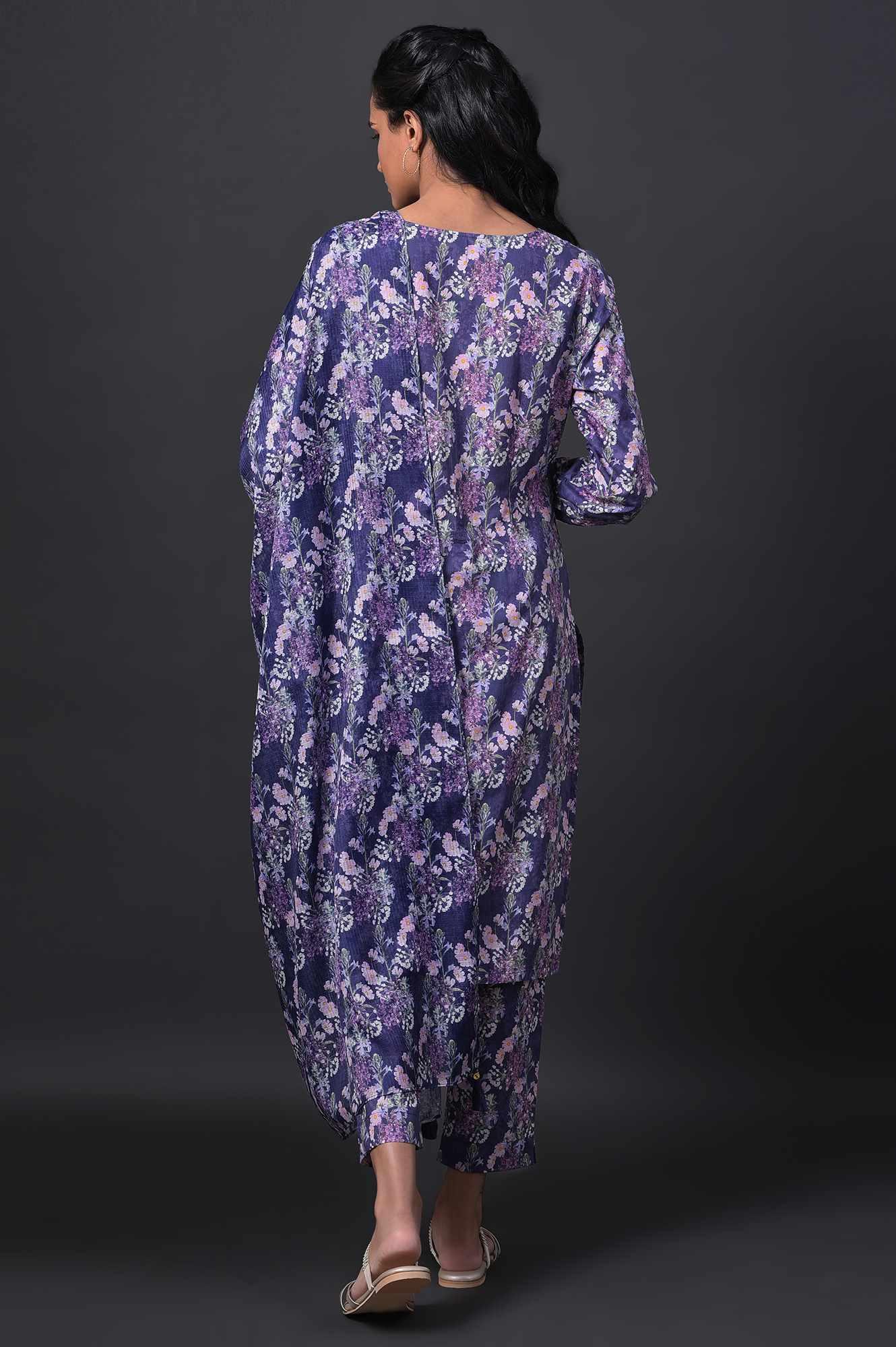Blue Floral Printed kurta With Slim Pants And Kota Dupatta - wforwoman