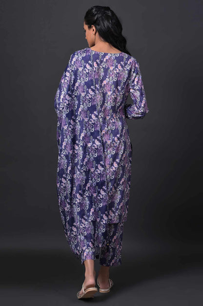 Blue Floral Printed kurta With Slim Pants And Kota Dupatta - wforwoman