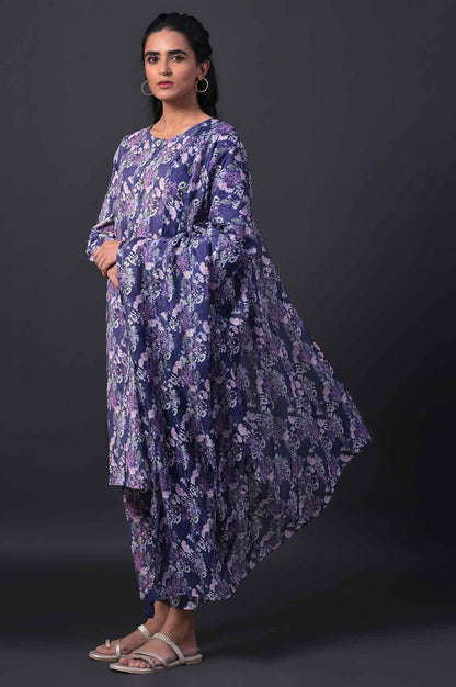 Blue Floral Printed kurta With Slim Pants And Kota Dupatta - wforwoman