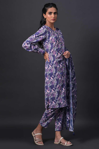 Blue Floral Printed kurta With Slim Pants And Kota Dupatta - wforwoman