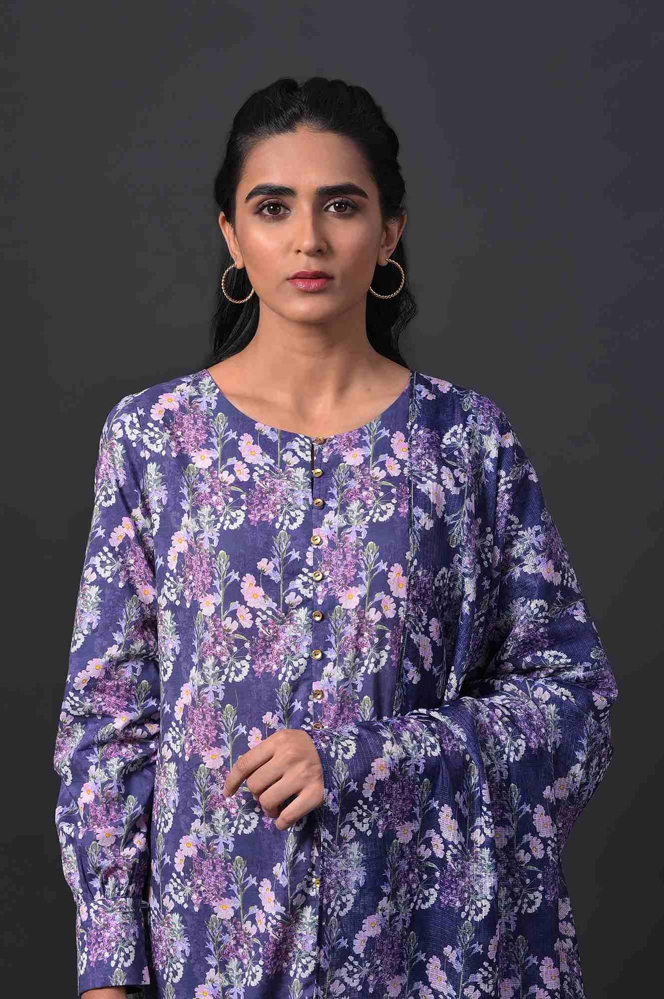 Blue Floral Printed kurta With Slim Pants And Kota Dupatta - wforwoman