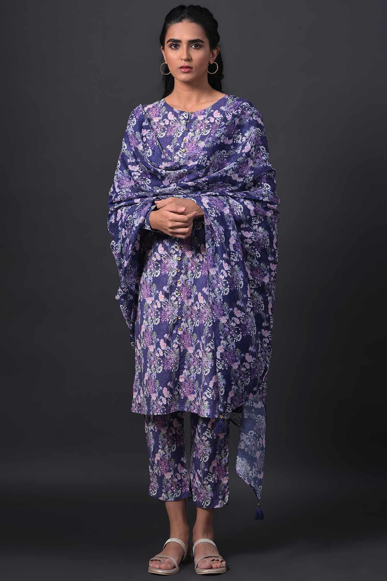 Blue Floral Printed kurta With Slim Pants And Kota Dupatta - wforwoman