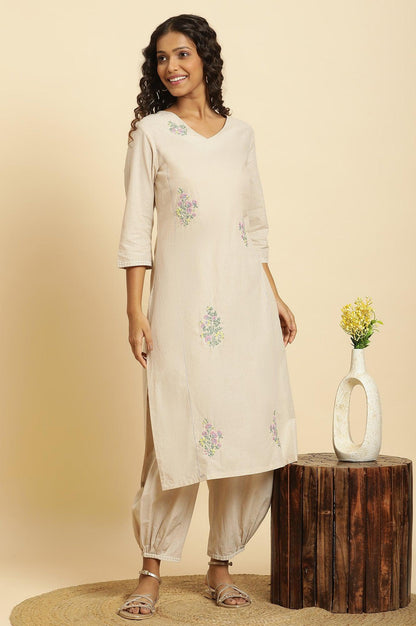 Beige Embroidered Kurta And Gathered Salwar Set - wforwoman