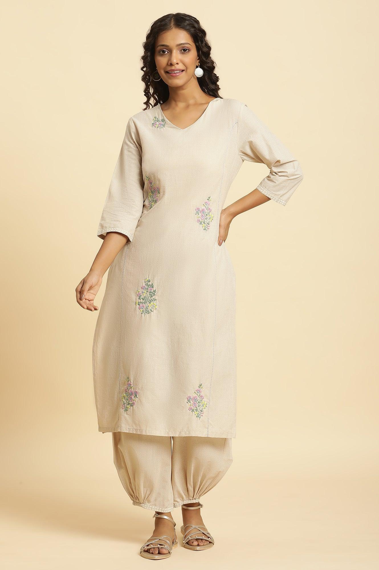 Beige Embroidered Kurta And Gathered Salwar Set - wforwoman