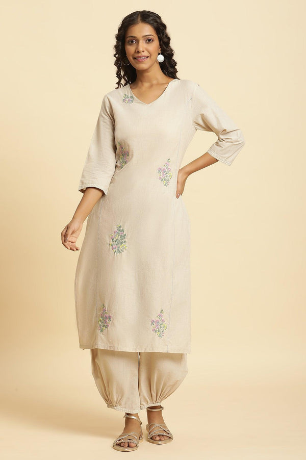 Beige Embroidered Kurta And Gathered Salwar Set