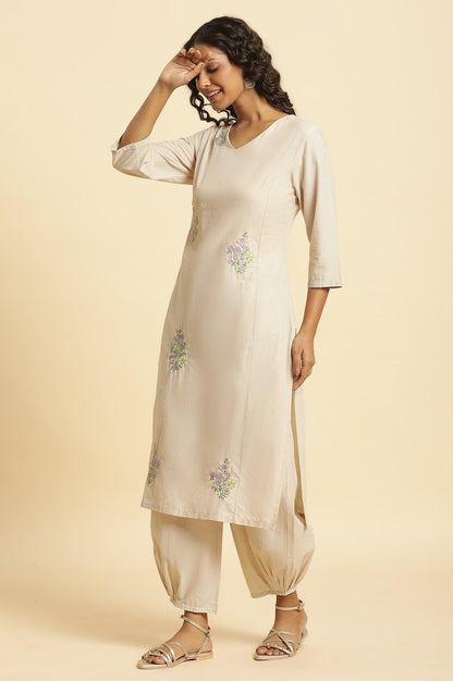 Beige Embroidered Kurta And Gathered Salwar Set - wforwoman