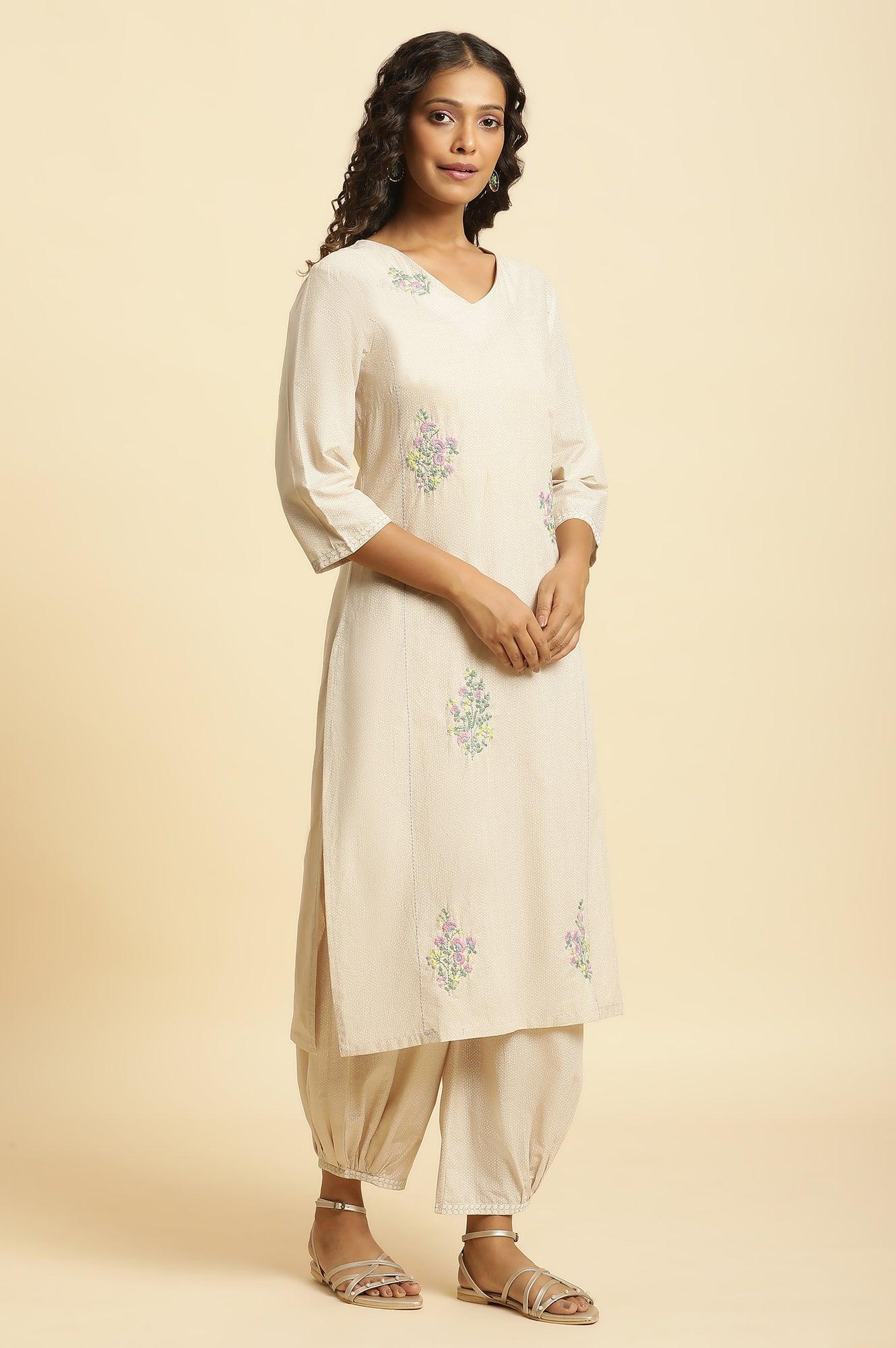 Beige Embroidered Kurta And Gathered Salwar Set - wforwoman