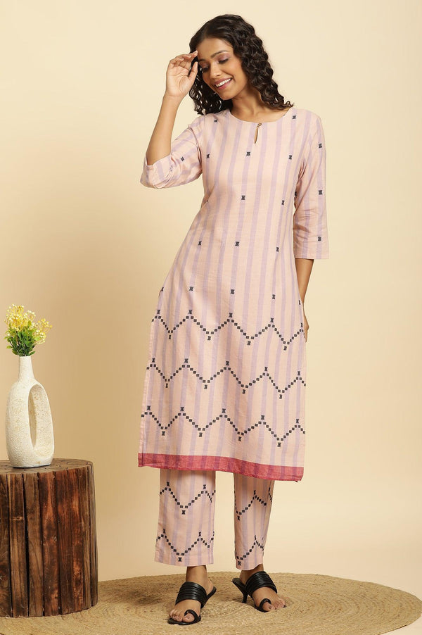 Pink And Purple Stripe Cotton Kurta And Pants Co-Ord Set