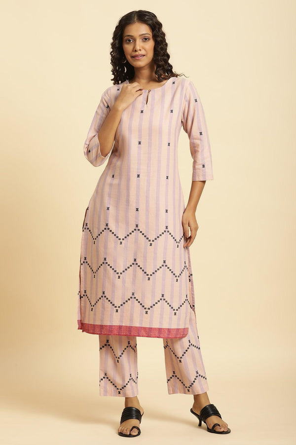 Pink And Purple Stripe Cotton Kurta And Pants Co-Ord Set