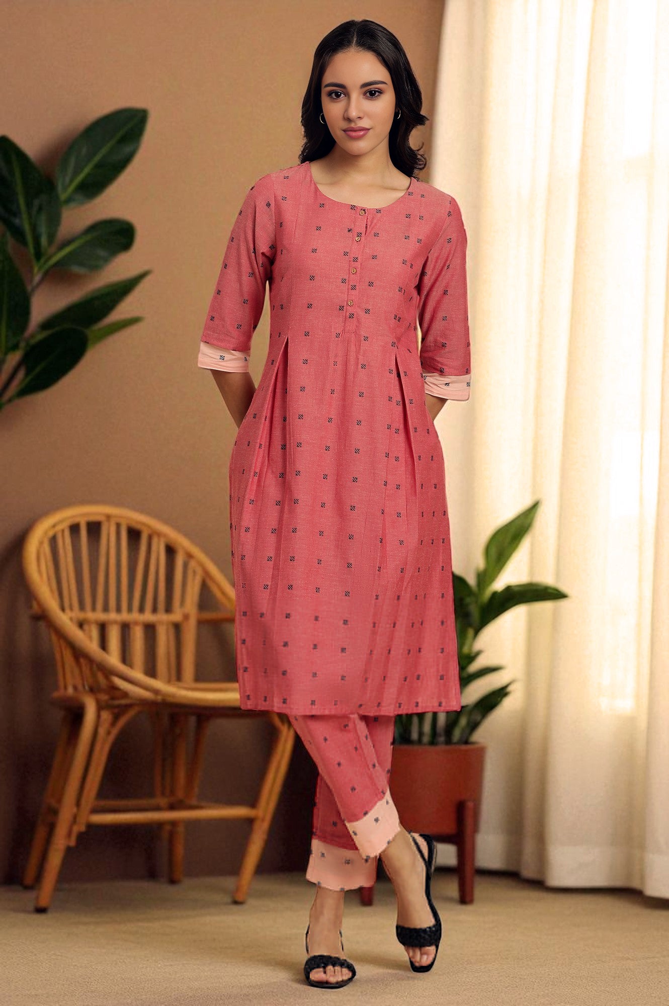 Red Printed Rayon Pleated Kurta And Pants Co-Ord Set