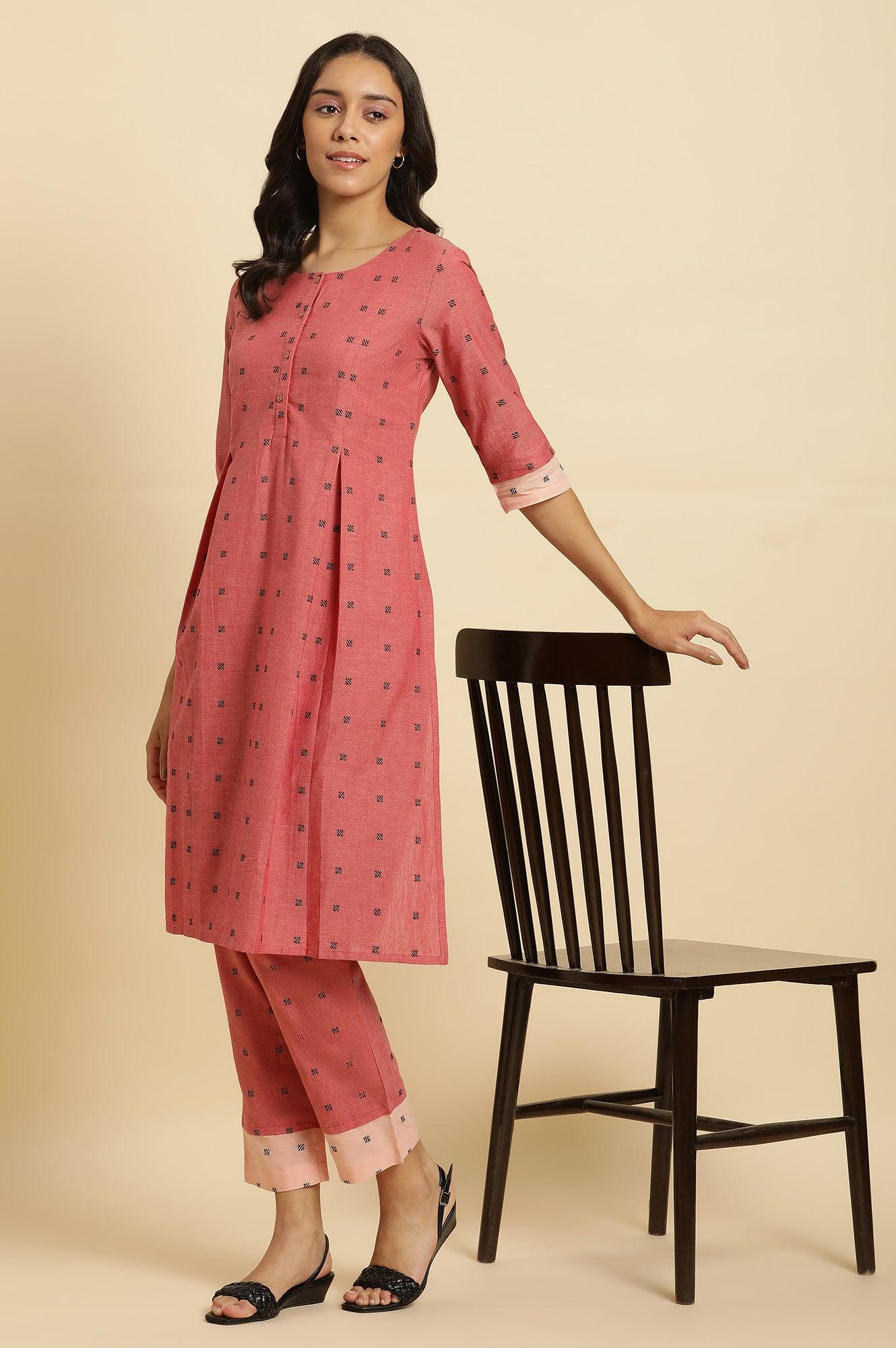 Red Printed Pleated Kurta And Pants Co-Ord Set - wforwoman