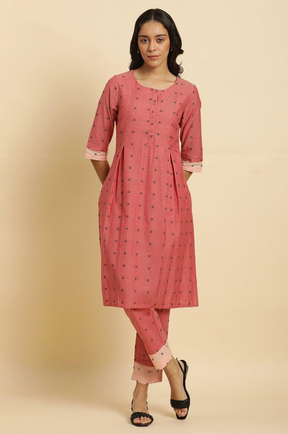 Red Printed Pleated Kurta And Pants Co-Ord Set - wforwoman