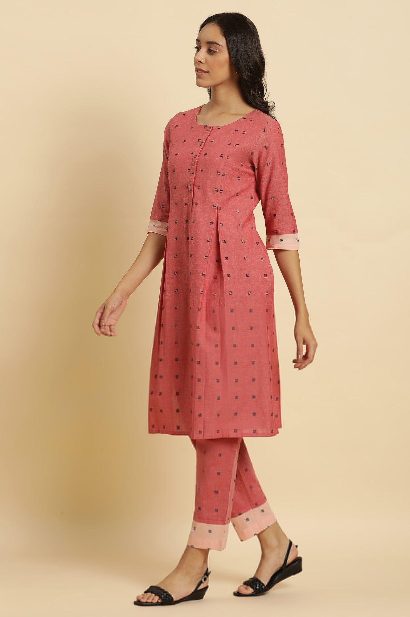 Red Printed Pleated Kurta And Pants Co-Ord Set - wforwoman