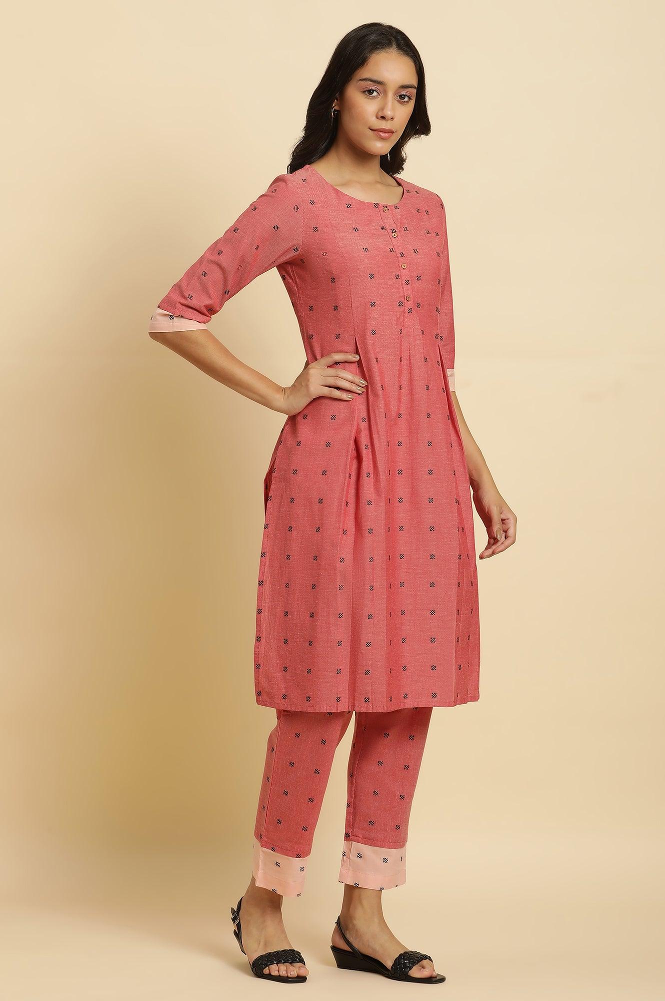 Red Printed Pleated Kurta And Pants Co-Ord Set - wforwoman