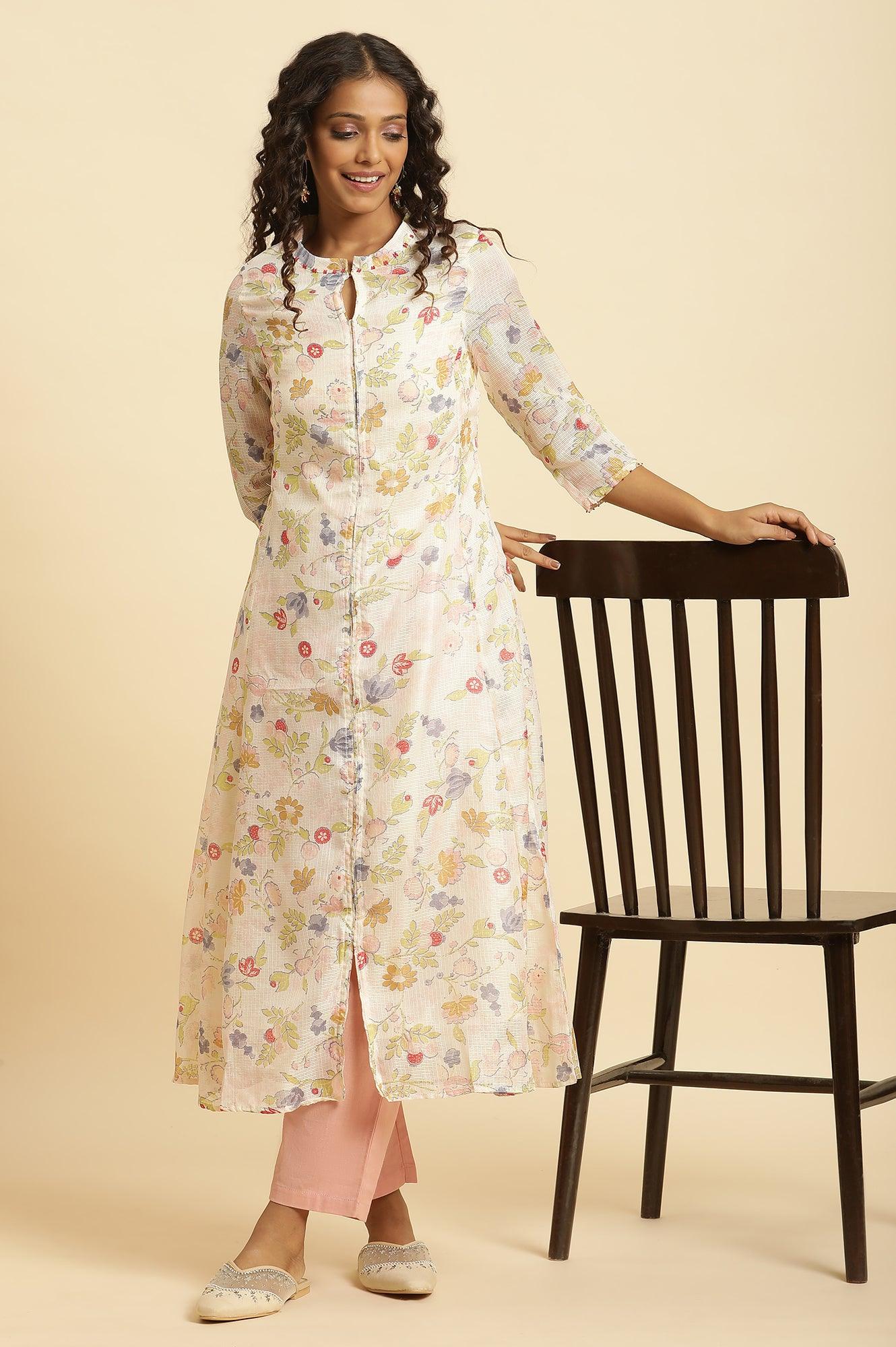 White Printed Layered Kota Kurta And Pants Set - wforwoman