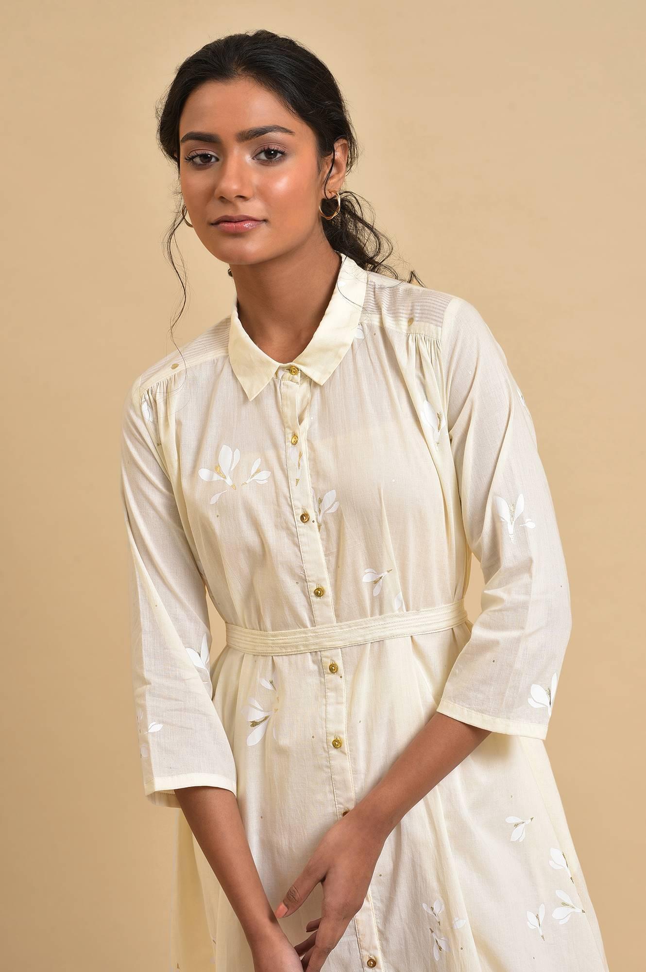Ecru Floral Printed Shirt kurta Co-Ord Set With Belt - wforwoman