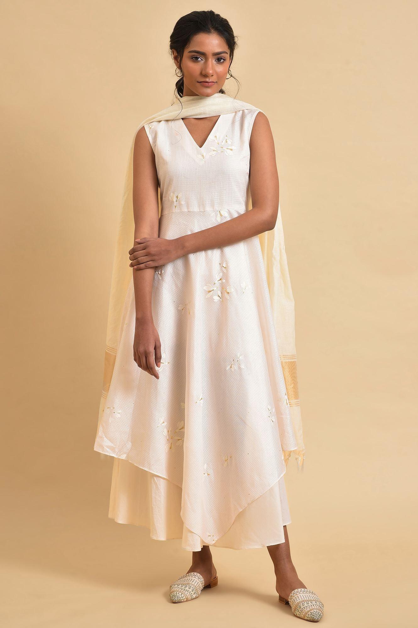 Ecru Layered Dress With Duptta Set - wforwoman