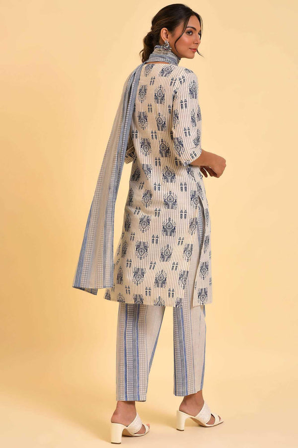Ecru Bird Printed kurta, Straight Pants And Dupatta Set