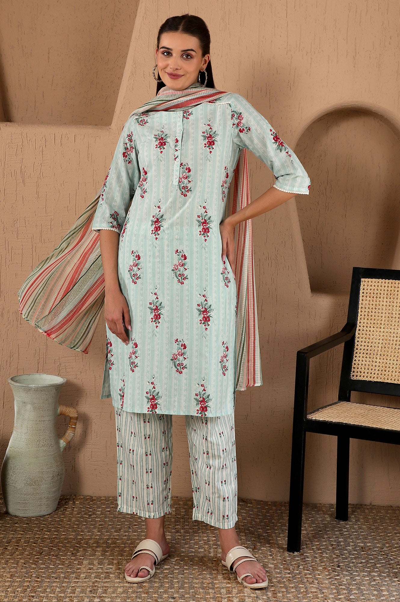 Turquoise Green Floral Printed With Lace Pure Cotton Straight Kurta and Pants Set with Kota Dupatta