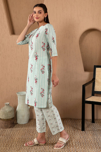 Turquoise Green Floral Printed With Lace Pure Cotton Straight Kurta and Pants Set with Kota Dupatta