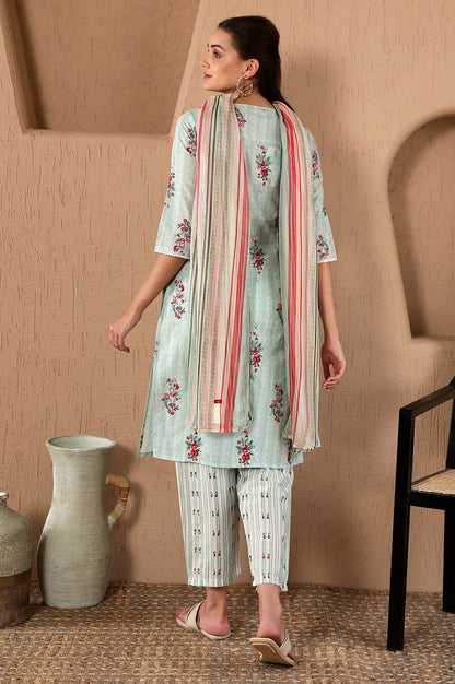 Turquoise Green Floral Printed With Lace Pure Cotton Straight Kurta and Pants Set with Kota Dupatta