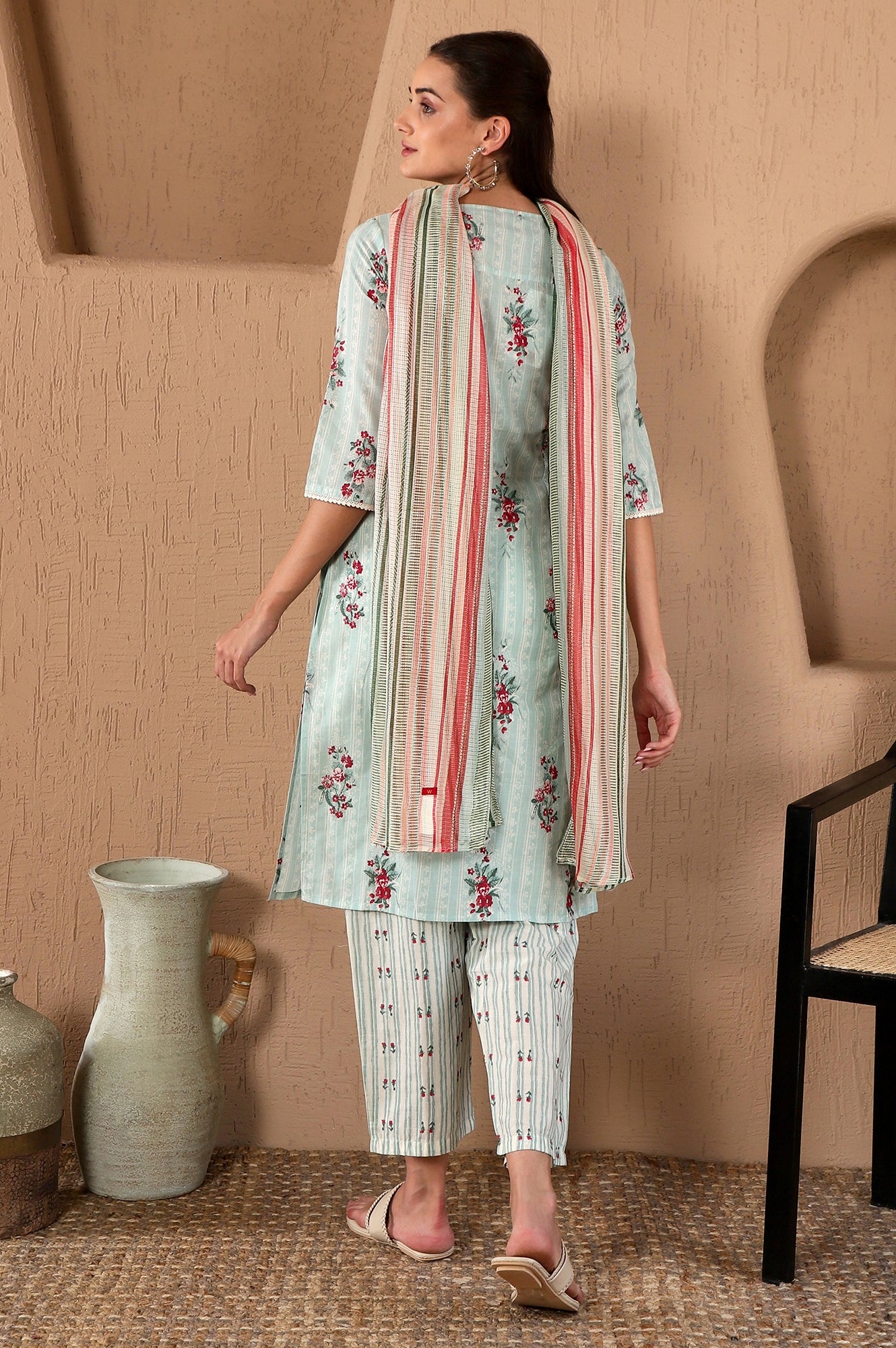 Turquoise Green Floral Printed With Lace Pure Cotton Straight Kurta and Pants Set with Kota Dupatta