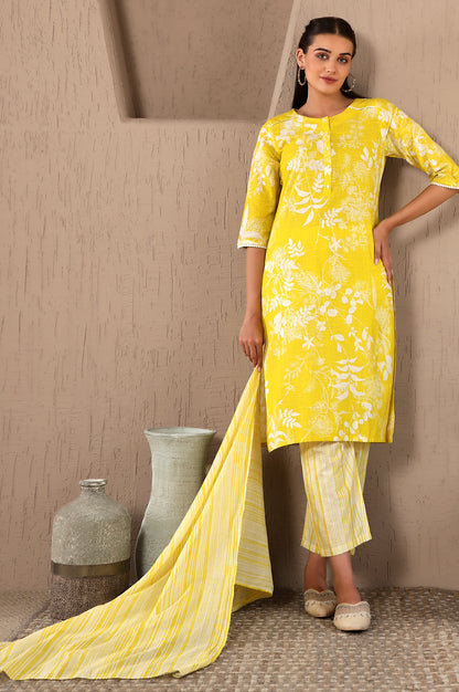 Yellow Floral Printed With Lace Pure Cotton Straight Kurta and Pants Set with Stripe Printed Dupatta