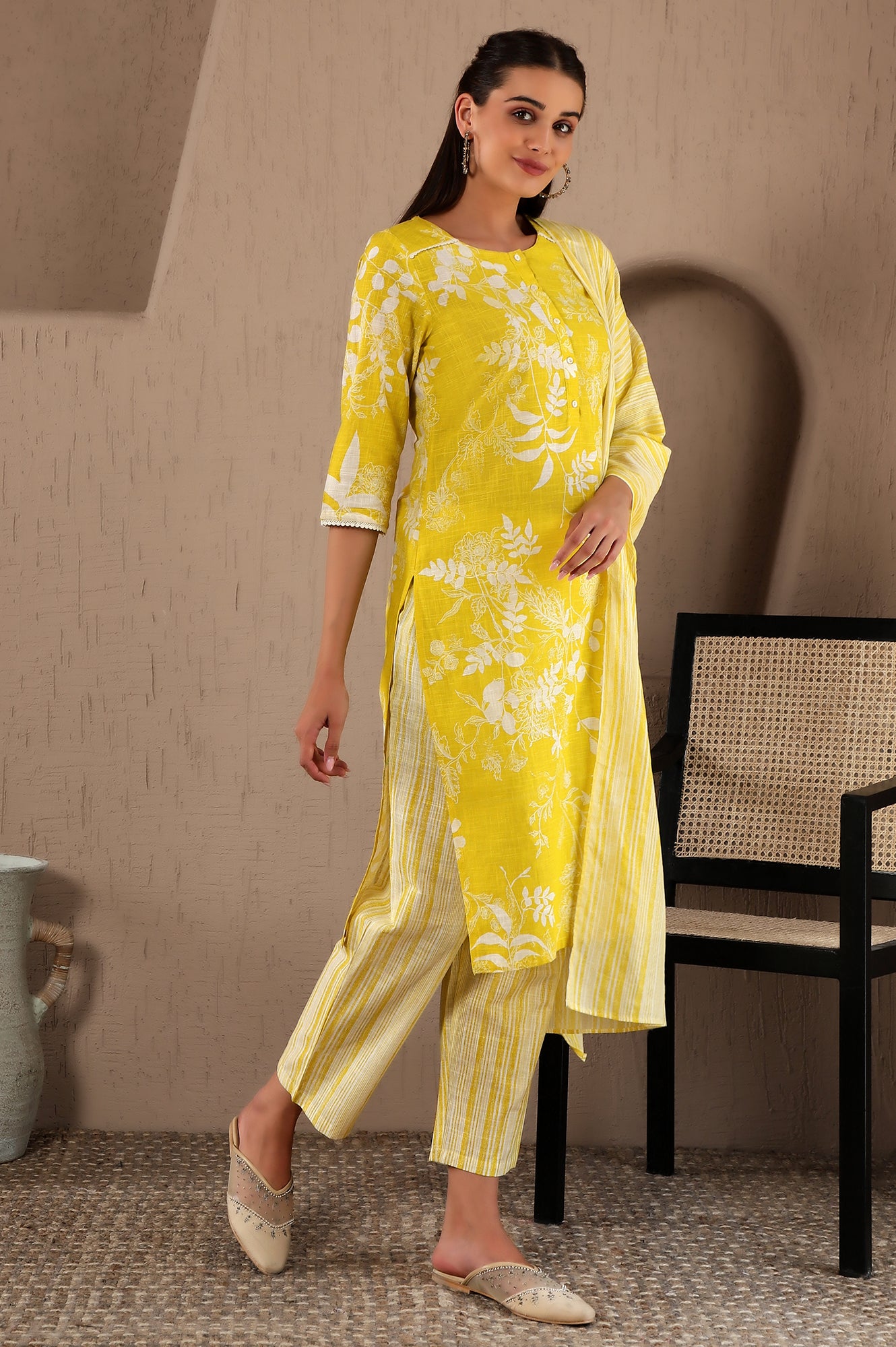 Yellow Floral Printed With Lace Pure Cotton Straight Kurta and Pants Set with Stripe Printed Dupatta