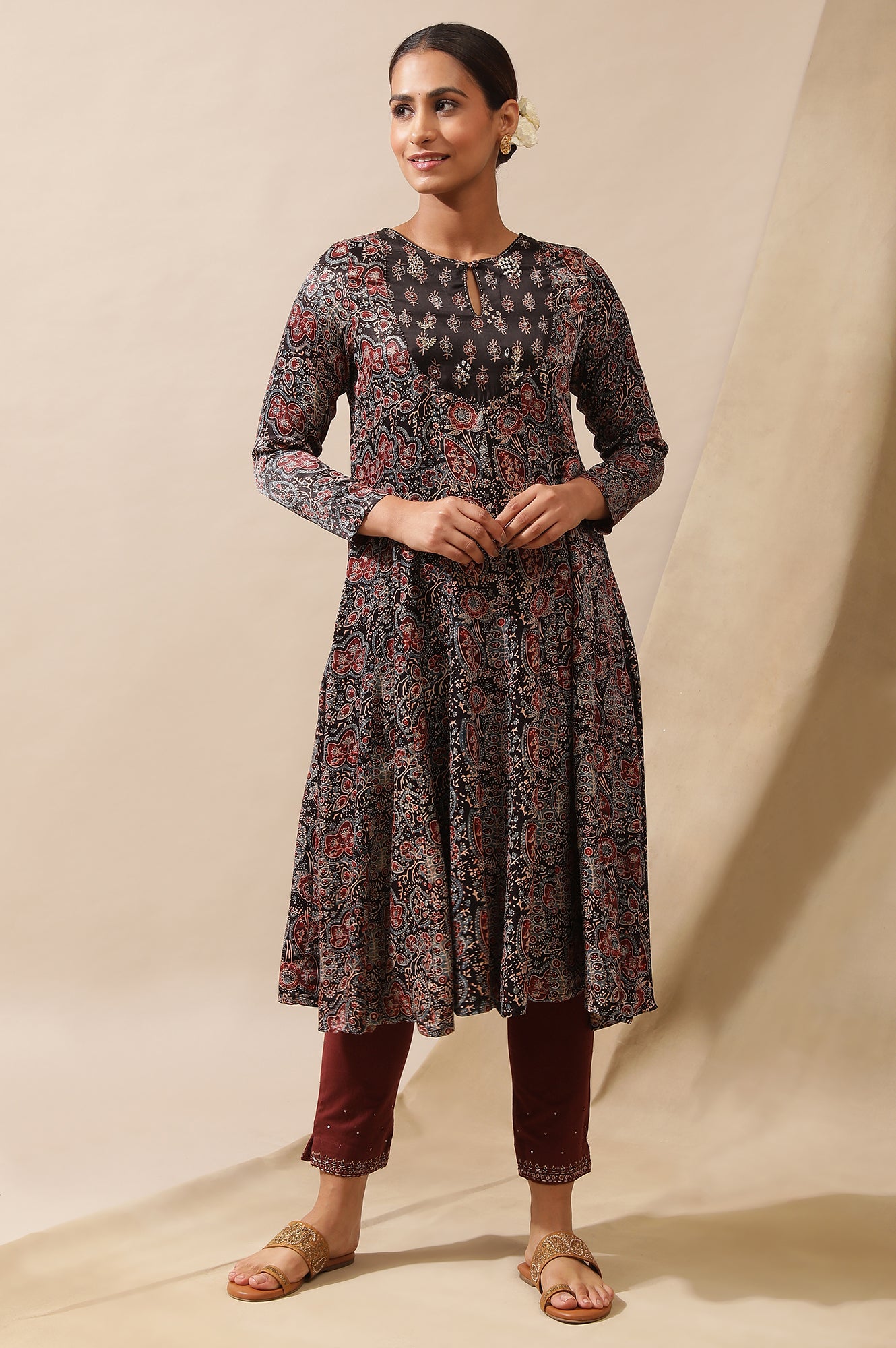 Dark Brown Ajrakh Printed Kalidar Kurta